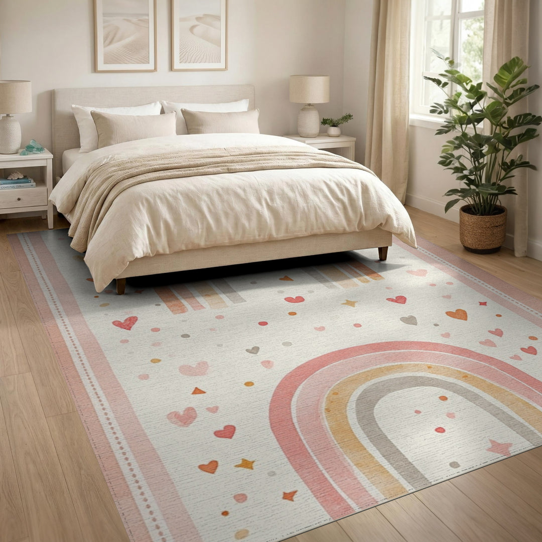 Kids Cartoon Pink Rainbow Hearts Kids Area Rug