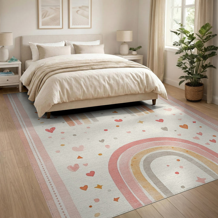 Kids Cartoon Pink Rainbow Hearts Kids Area Rug