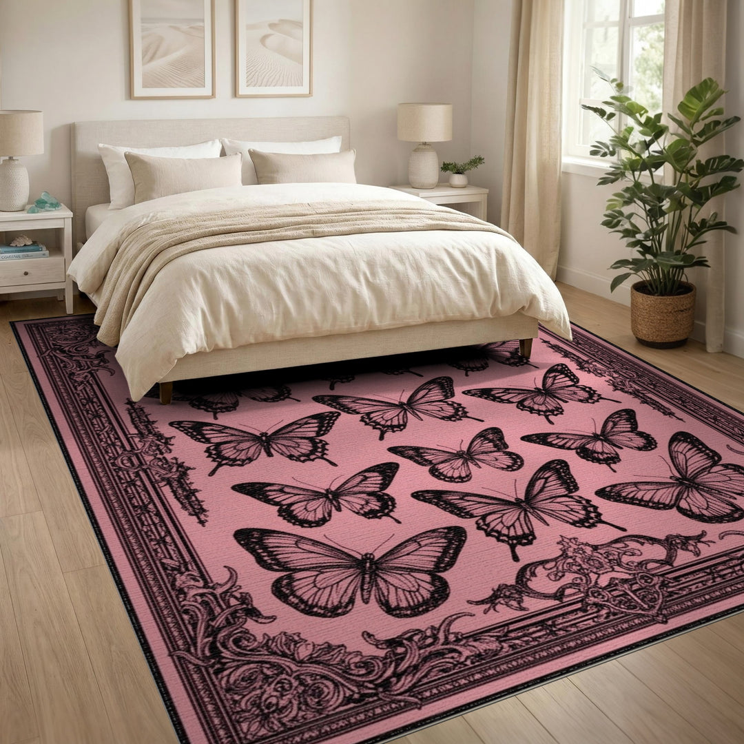 Pink Floral Vintage Pink Butterfly Vintage Area Rug