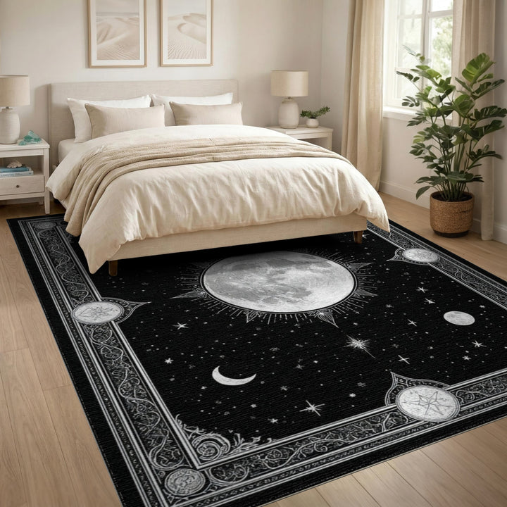 Celestial Moon Phase Black White Area Rug