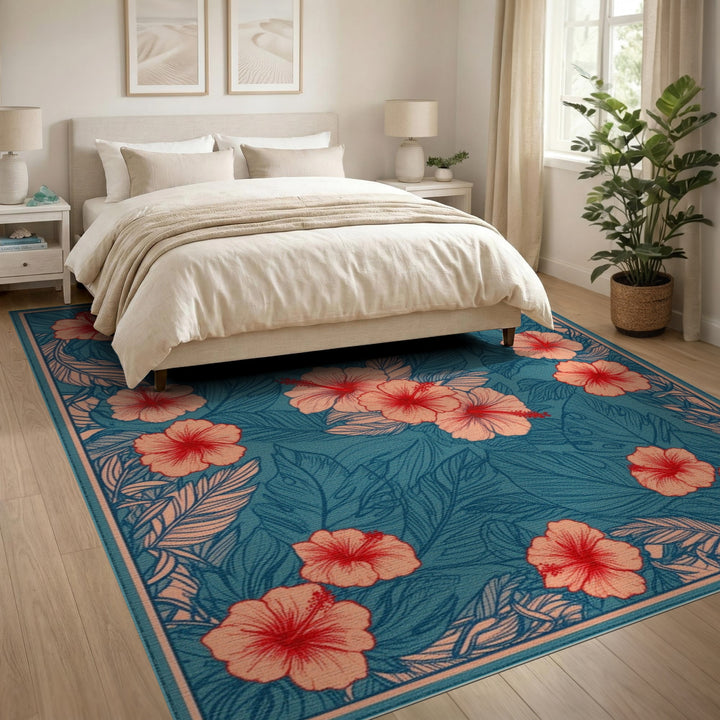 Coral Hibiscus Teal Floral Area Rug