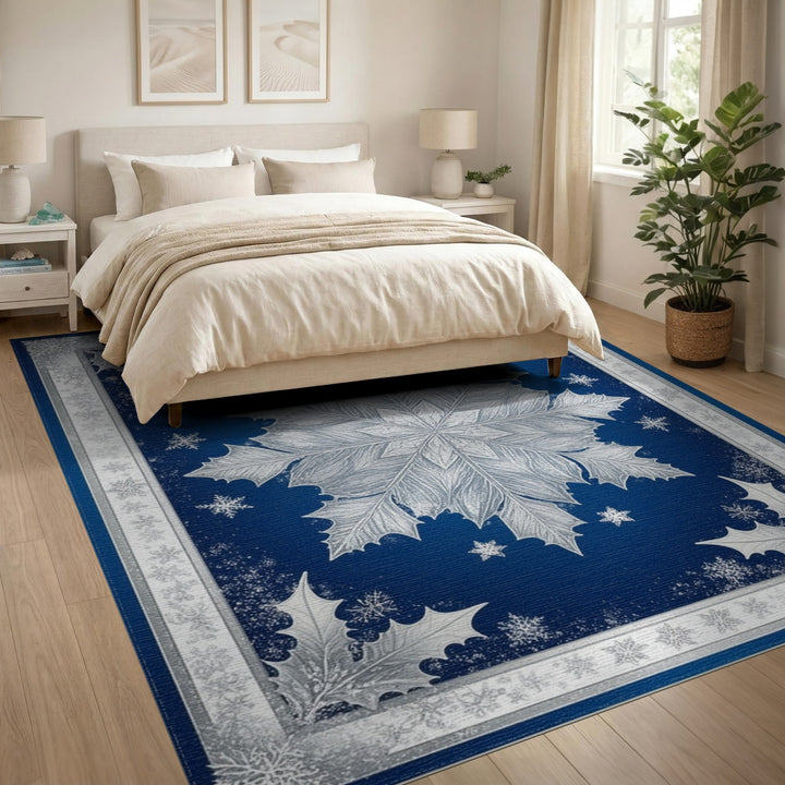 Silver Snowflake Holly Blue Area Rug