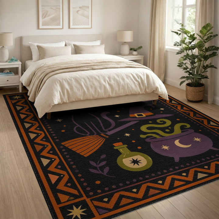 Enchanted Black Cat Witch Halloween Area Rug