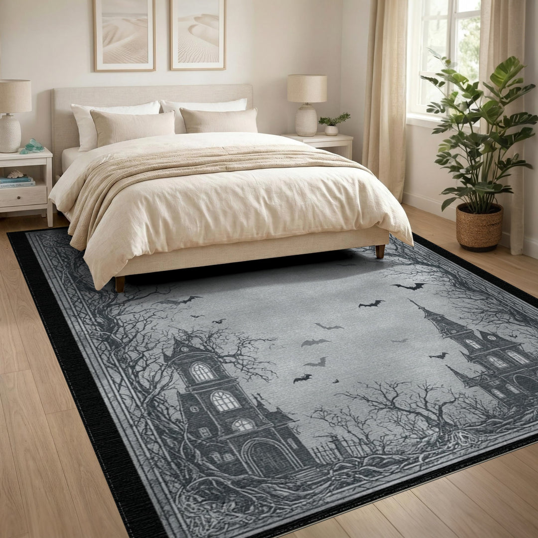 Gothic Haunted Mansion Black White Area Rug