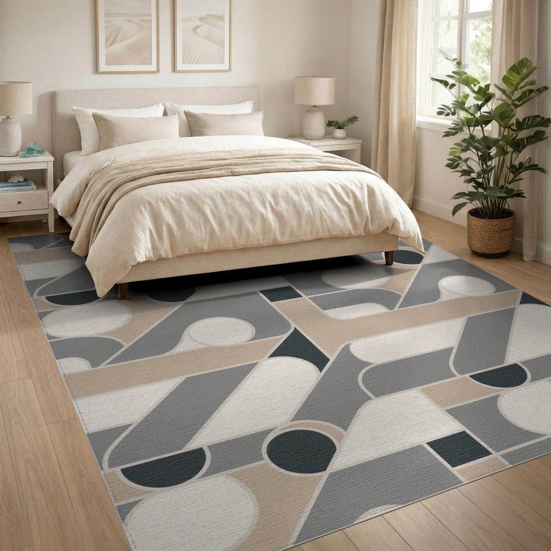 Beige and Neutral Geometric Circles Area Rug