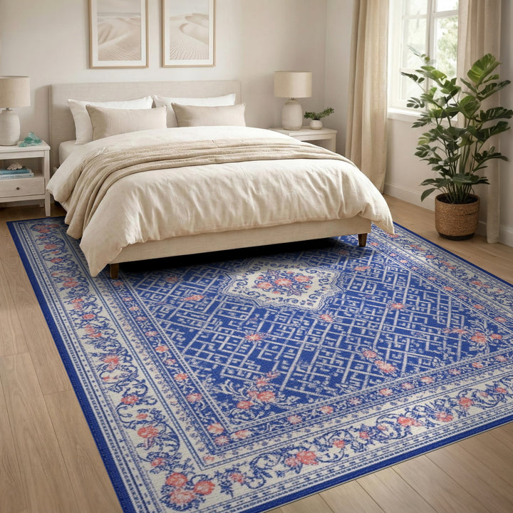 Blue Persian Floral Medallion Traditional Persian Area Rug
