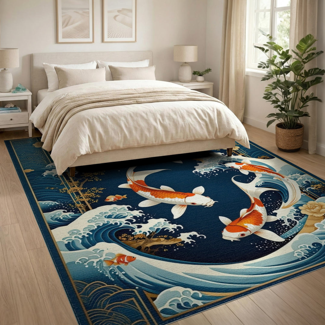 Koi Fish Waves Blue Area Rug
