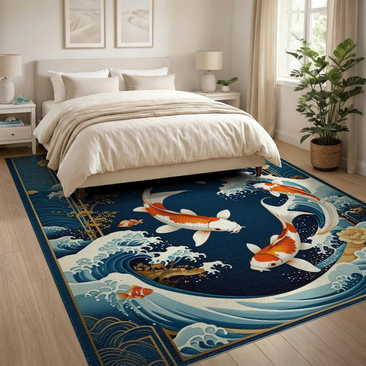 Koi Fish Waves Blue Area Rug