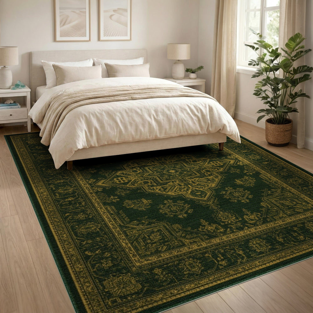 Green Gold Persian Medallion Green Area Rug