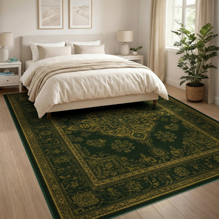 Green Gold Persian Medallion Green Area Rug
