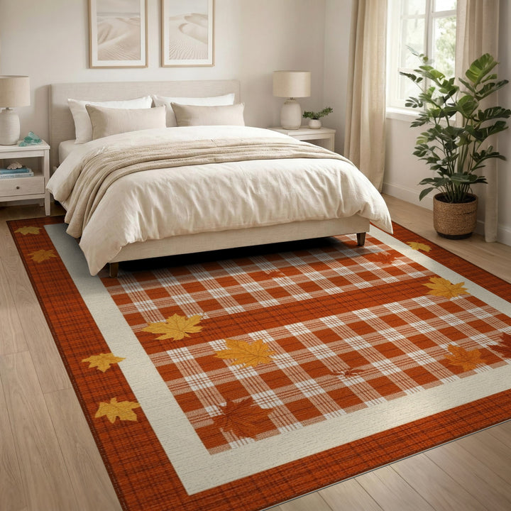 Orange Plaid Maple Leaf Area Rug