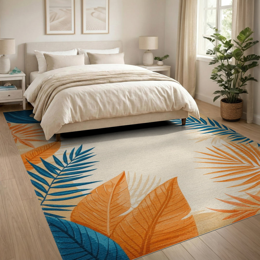 Blue and Orange Palm Leaf Area Rug
