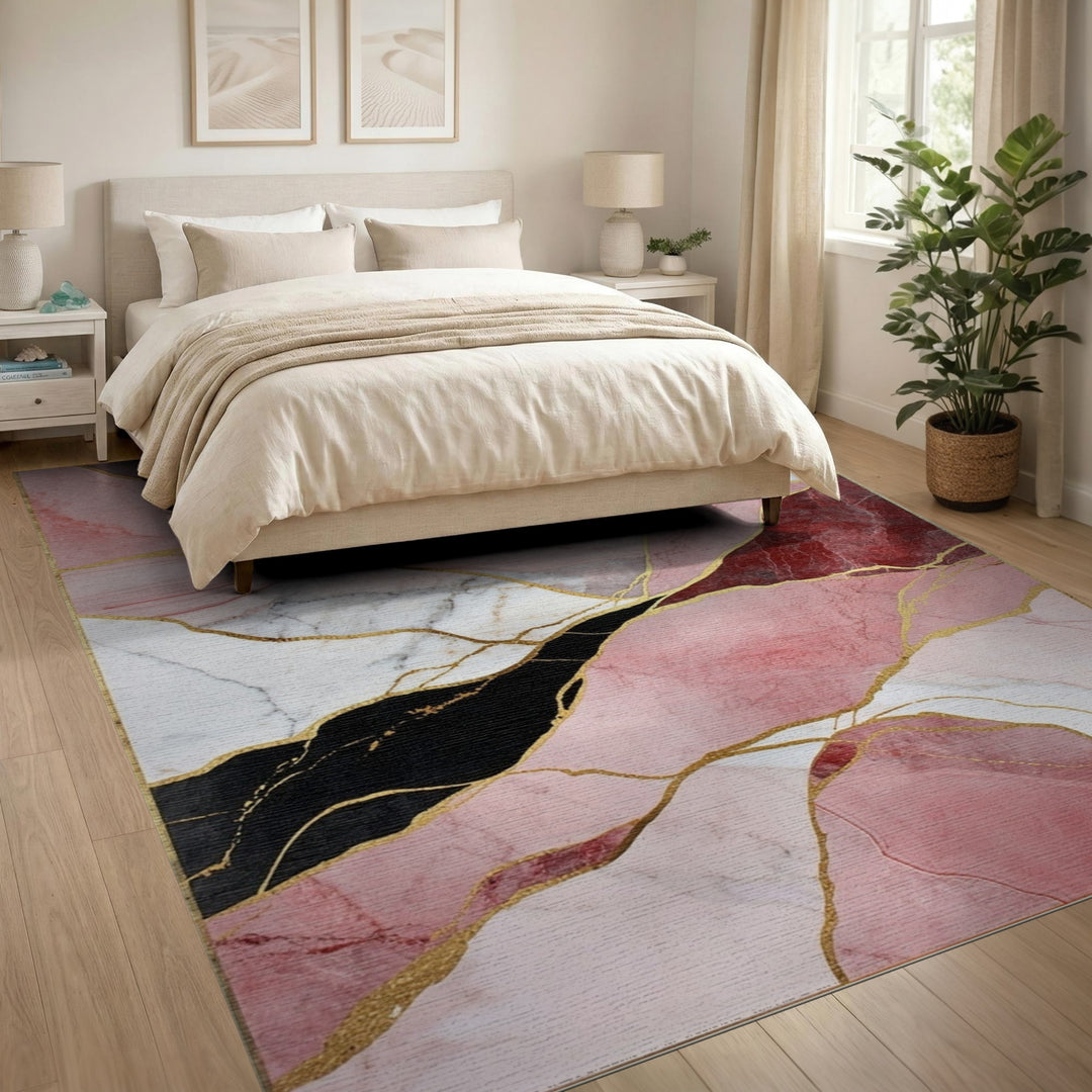 Pink Marble Pink Marble Gold Vein Abstract Area Rug