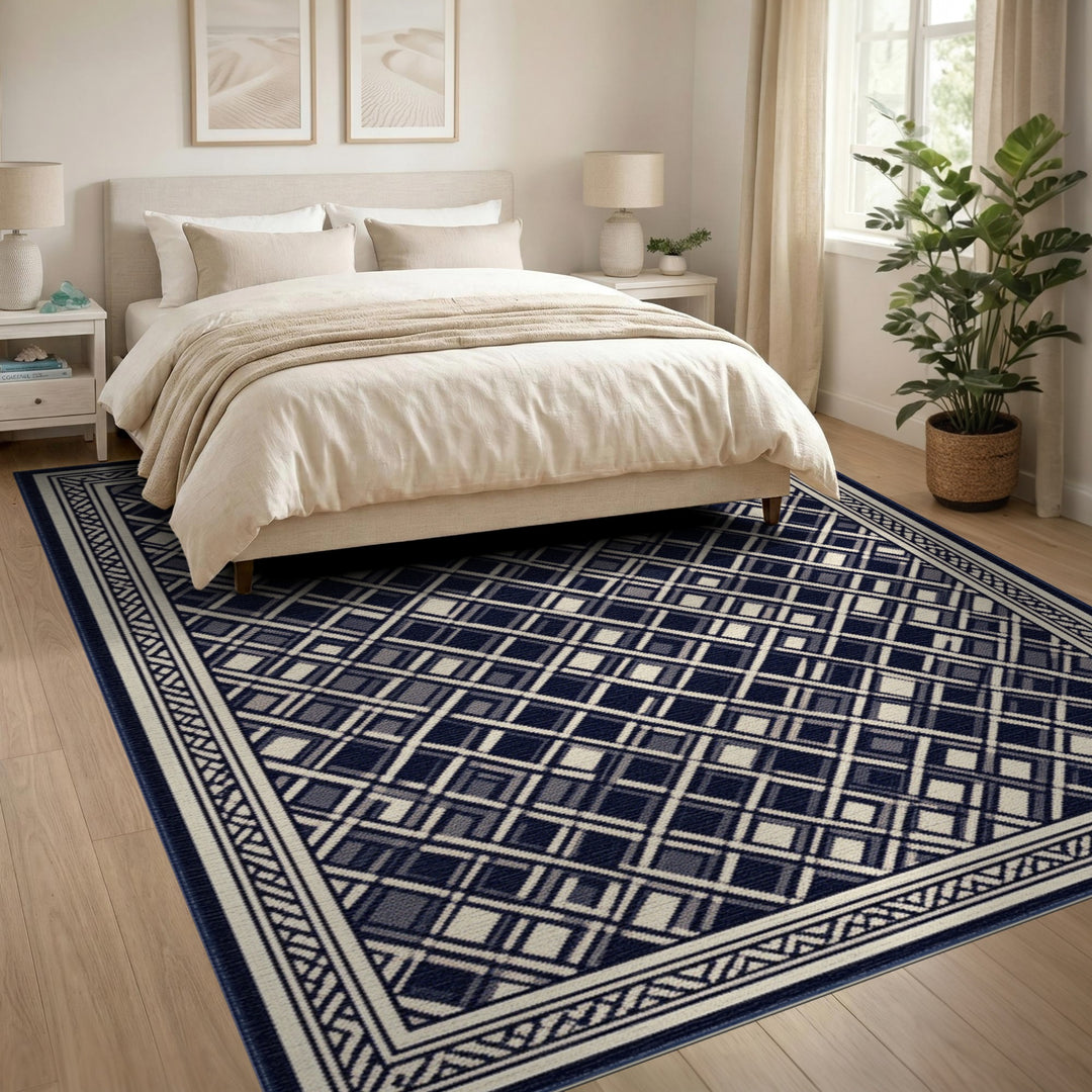 Navy Geometric Plaid Washable Area Rug