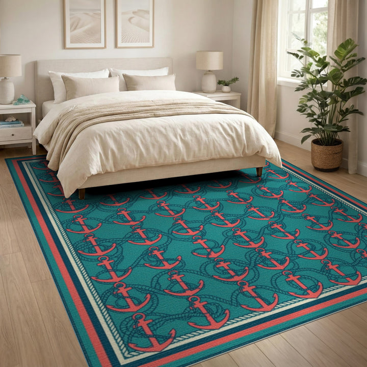 Red Anchor Teal Coastal Area Rug