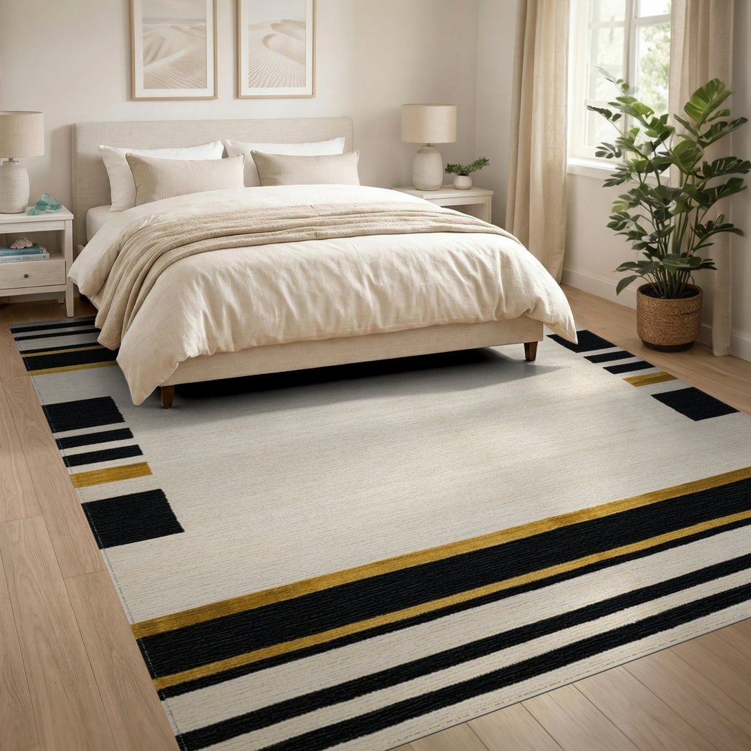 Black and White Black Gold Geometric Striped Area Rug
