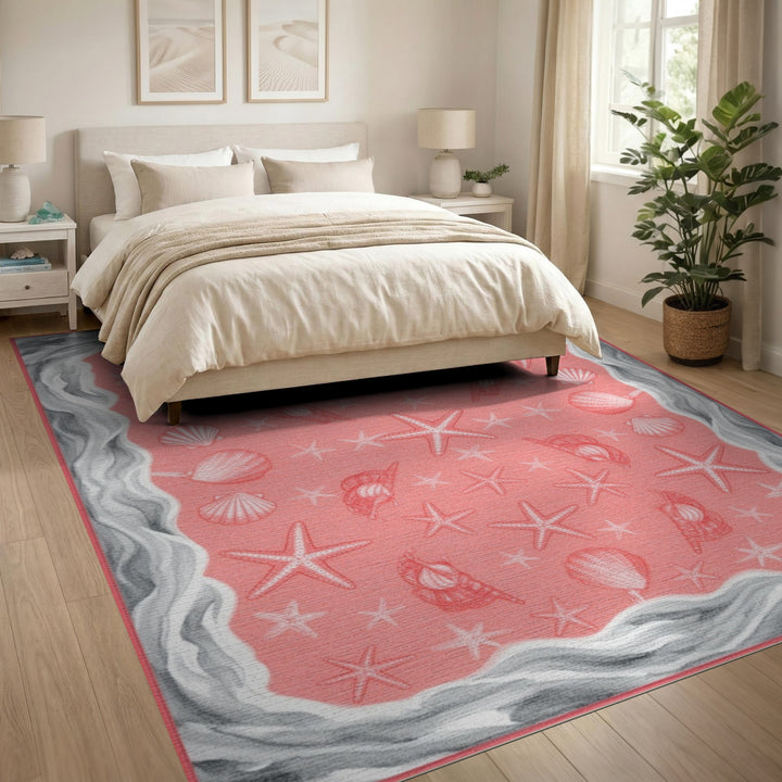 Pink Coastal Beach Pink Coastal Seashell Starfish Area Rug