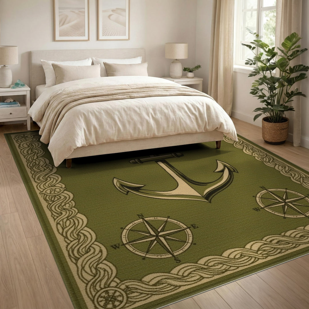 Green Nautical Anchor Area Rug