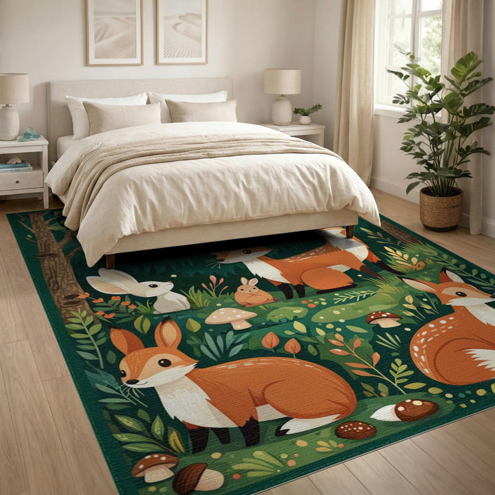 Kids Cartoon Forest Foxes Area Rug