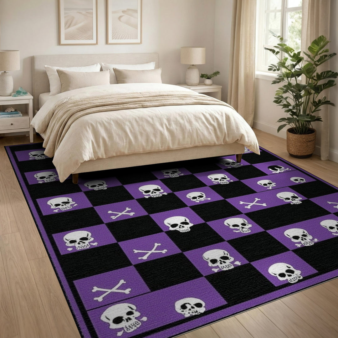 Purple Skull Checkered Washable Area Rug