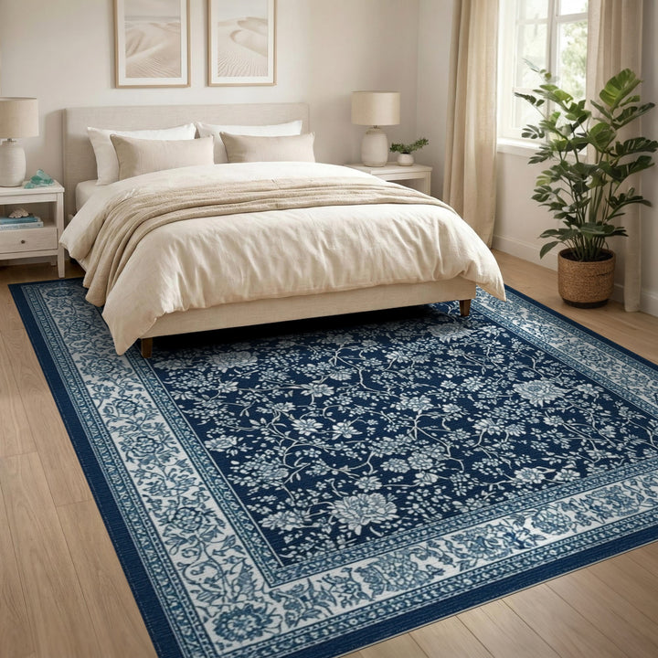 Navy Blue Floral Vintage Area Rug