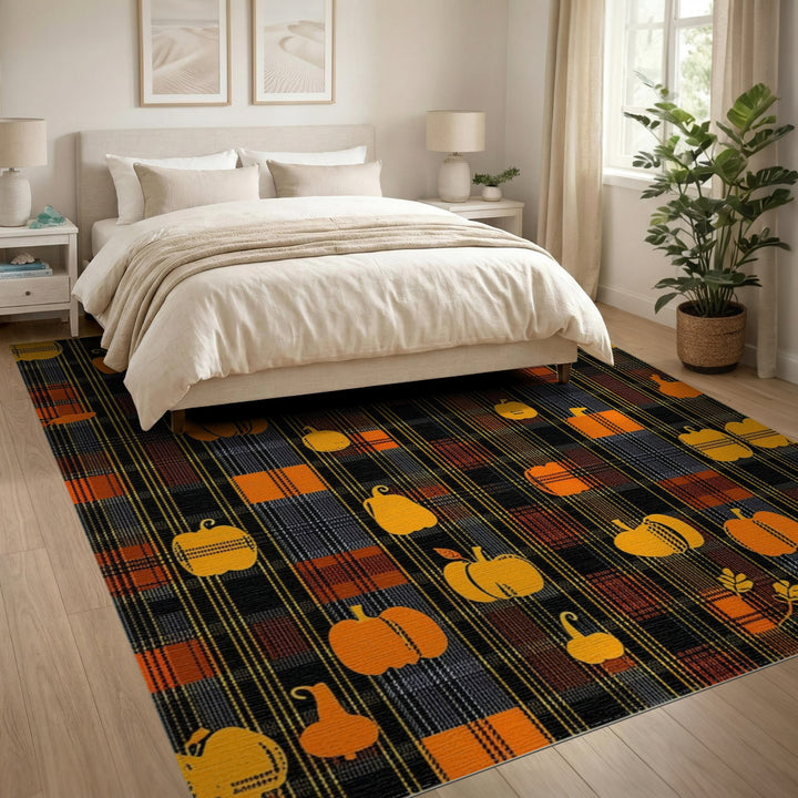 Orange Rustic Farmhouse Orange Pumpkin Plaid Washable Area Rug