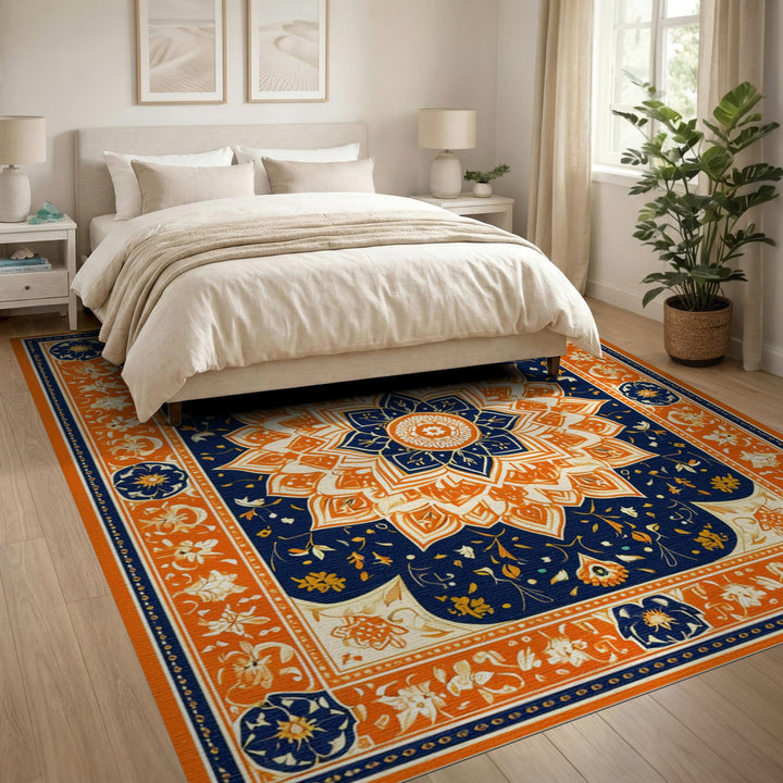 Orange Floral Mandala Navy Area Rug