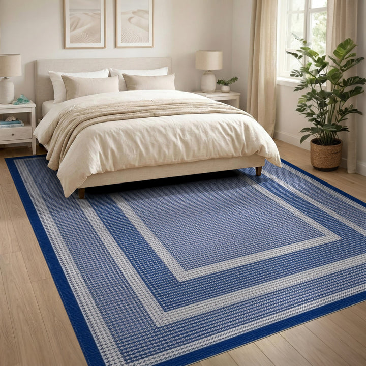 Geometric Modern Blue Geometric Bordered Area Rug