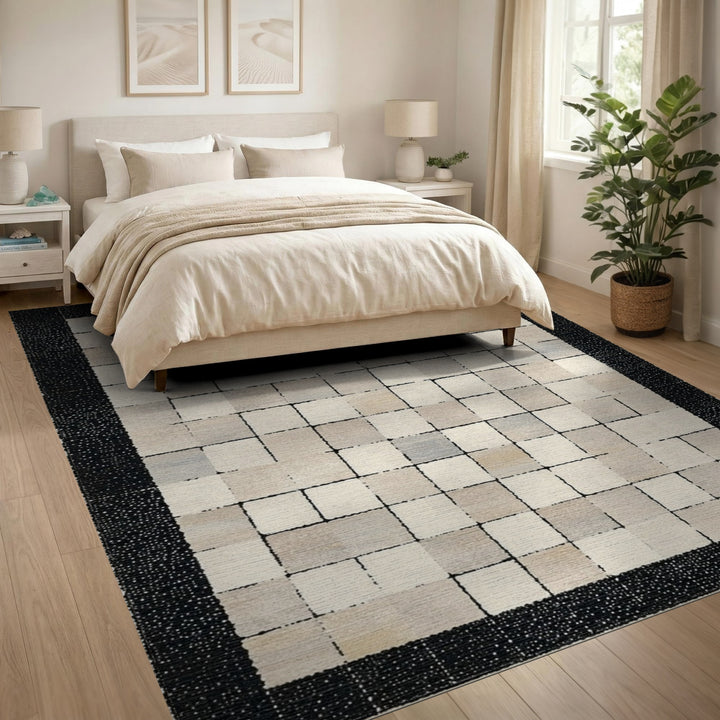 Geometric Modern Beige Neutral Geometric Grid Area Rug