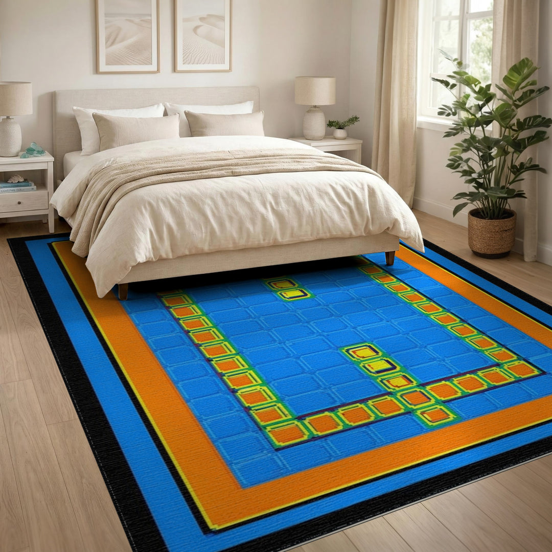 Blue Geometric Area Rug with Orange Border