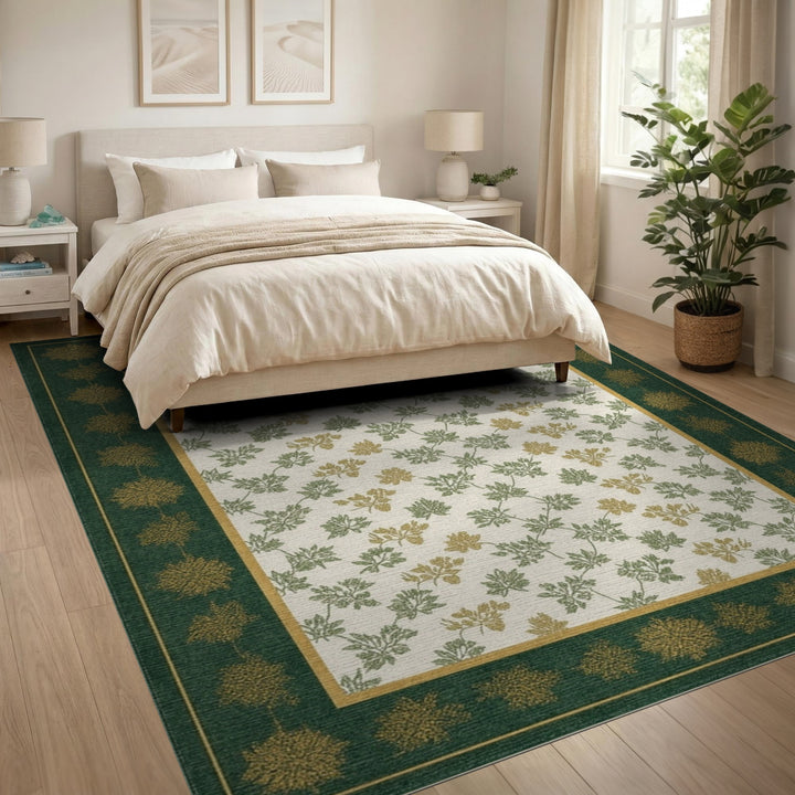 Green Leaf Vine Area Rug with Gold Border