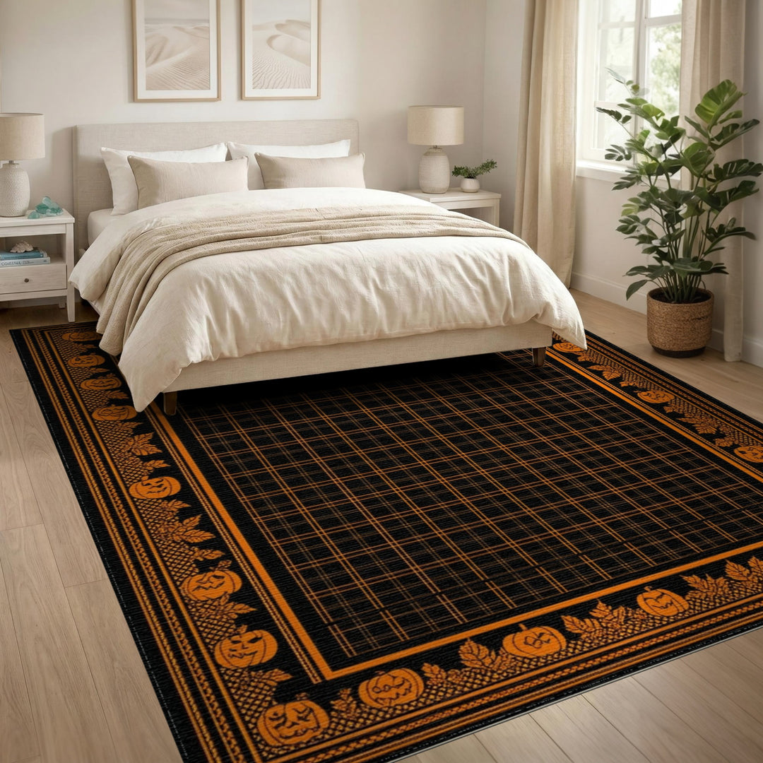 Orange Pumpkin Halloween Grid Area Rug