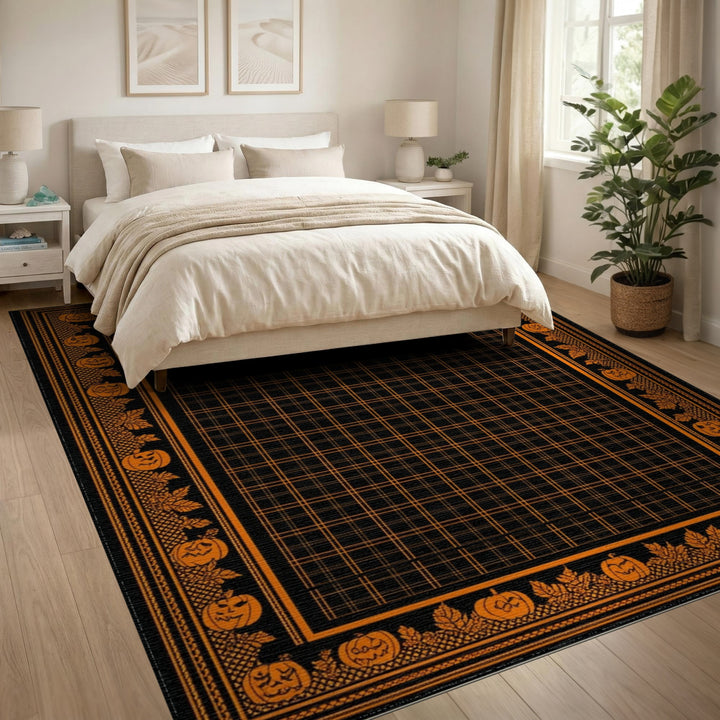 Orange Pumpkin Halloween Grid Area Rug