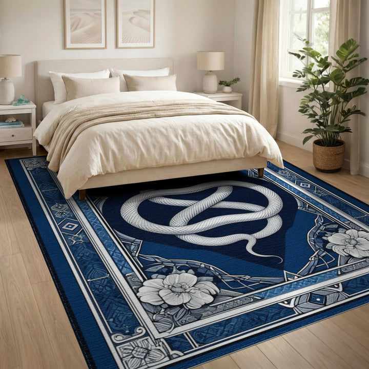 Coiled White Snake Blue Floral Area Rug