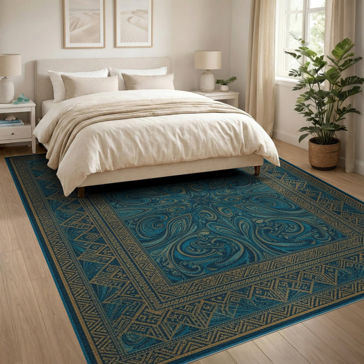 Blue and Teal and Gold Traditional Persian Area Rug