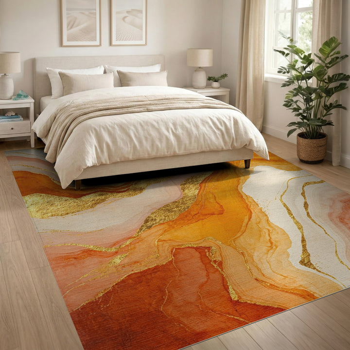 Orange Gold Abstract Marble Area Rug
