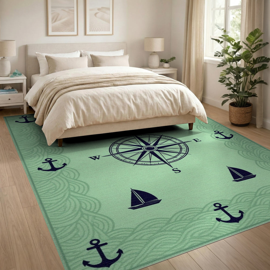 Coastal Nautical Compass Anchor Green Area Rug