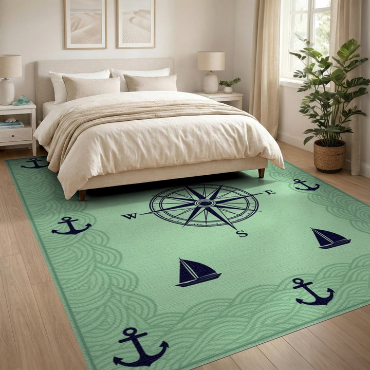 Coastal Nautical Compass Anchor Green Area Rug