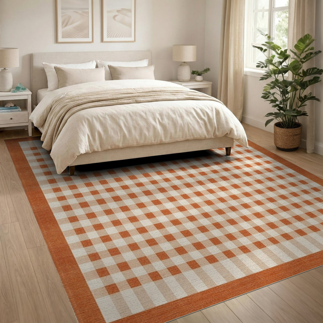 Orange Gingham Checkered Bordered Area Rug