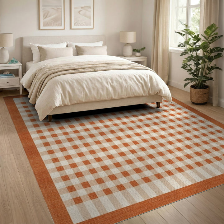 Orange Gingham Checkered Bordered Area Rug