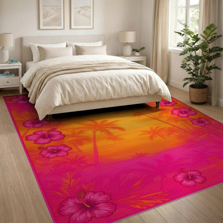 Pink Hibiscus Sunset Palm Area Rug
