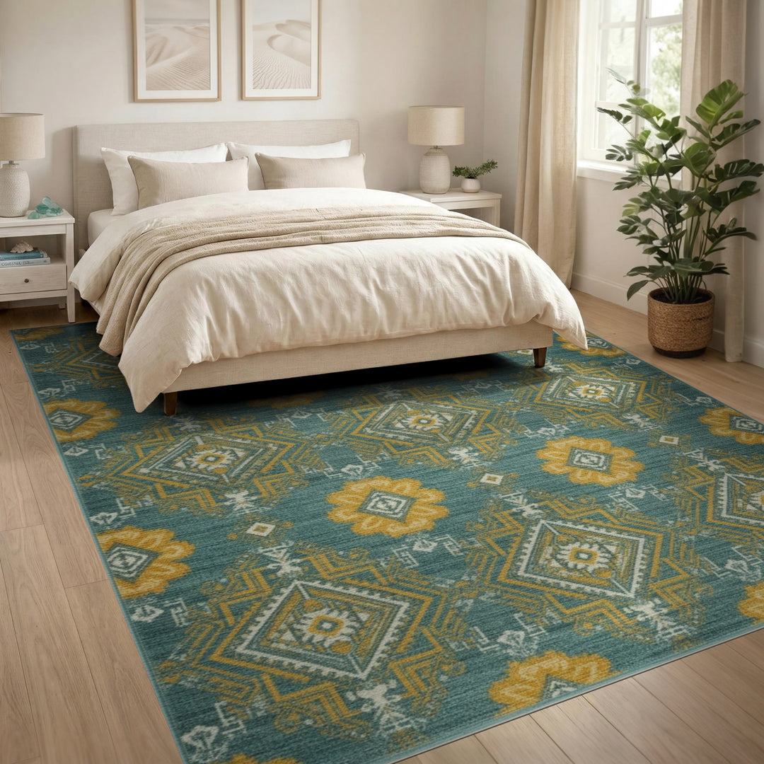 Blue and Teal Gold Heritage Tribal Area Rug