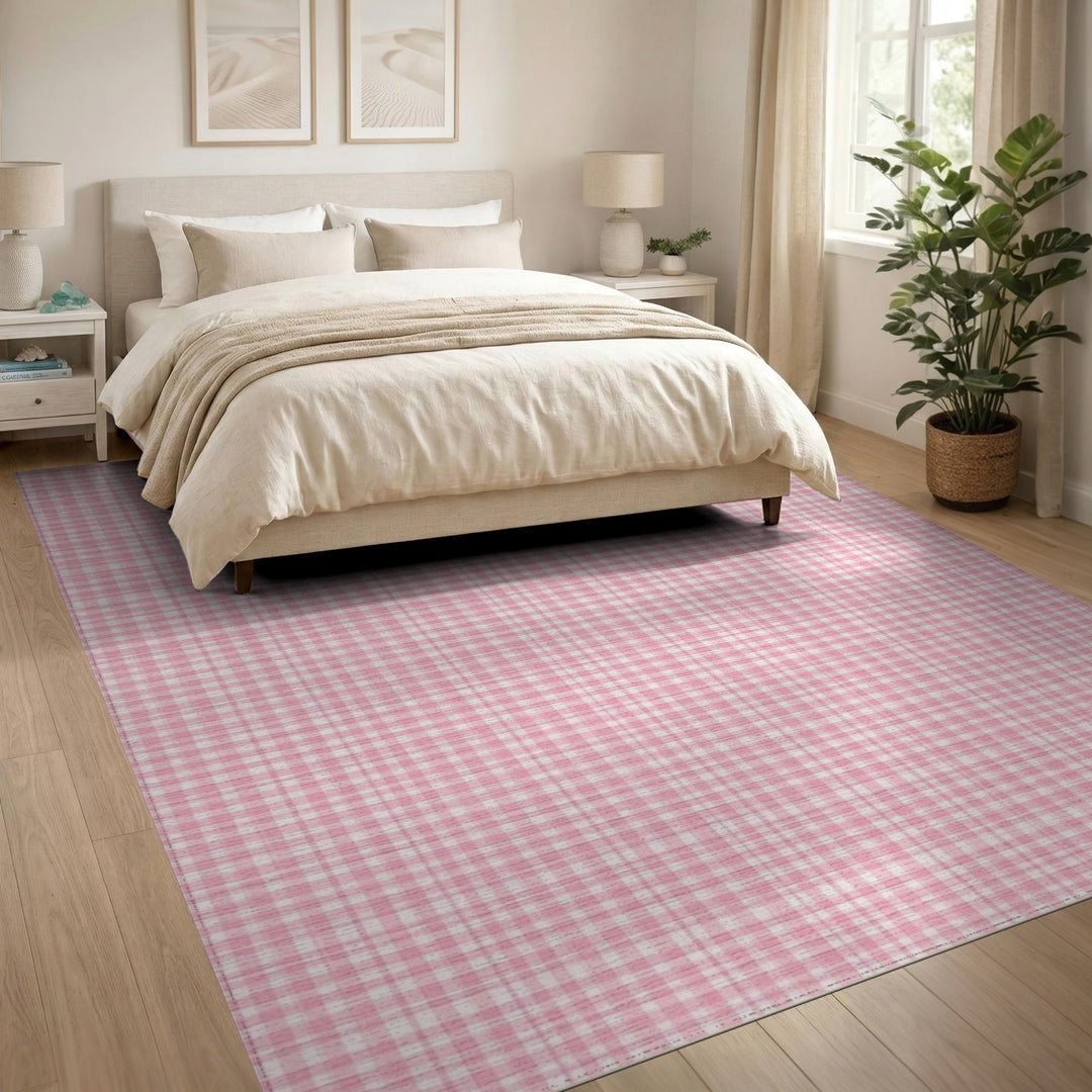 Pink Gingham Checkered Washable Pink Area Rug
