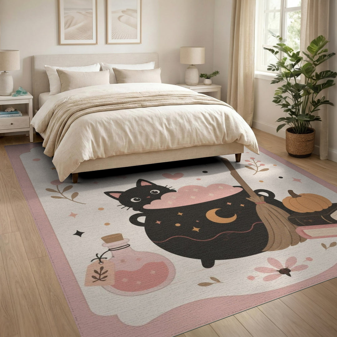 Pink Witch Cat Cauldron Kids Area Rug