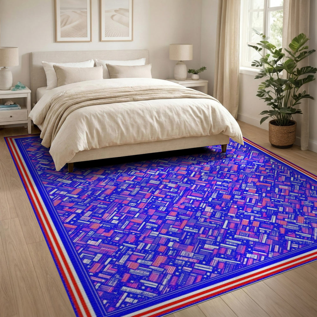 Vibrant Geometric Blue and Red Area Rug