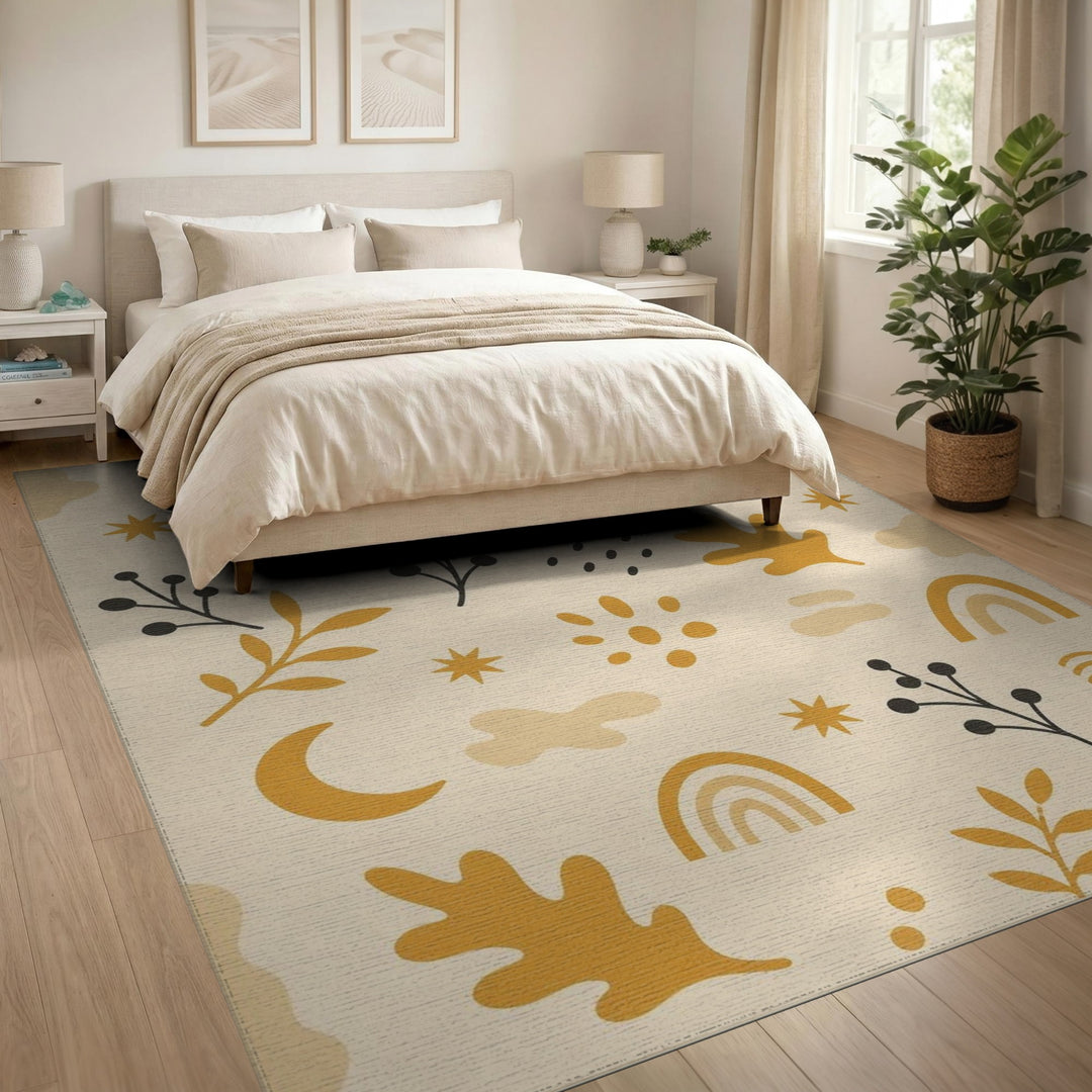 Beige Boho Chic Washable Area Rug with Sun Moon Leaves