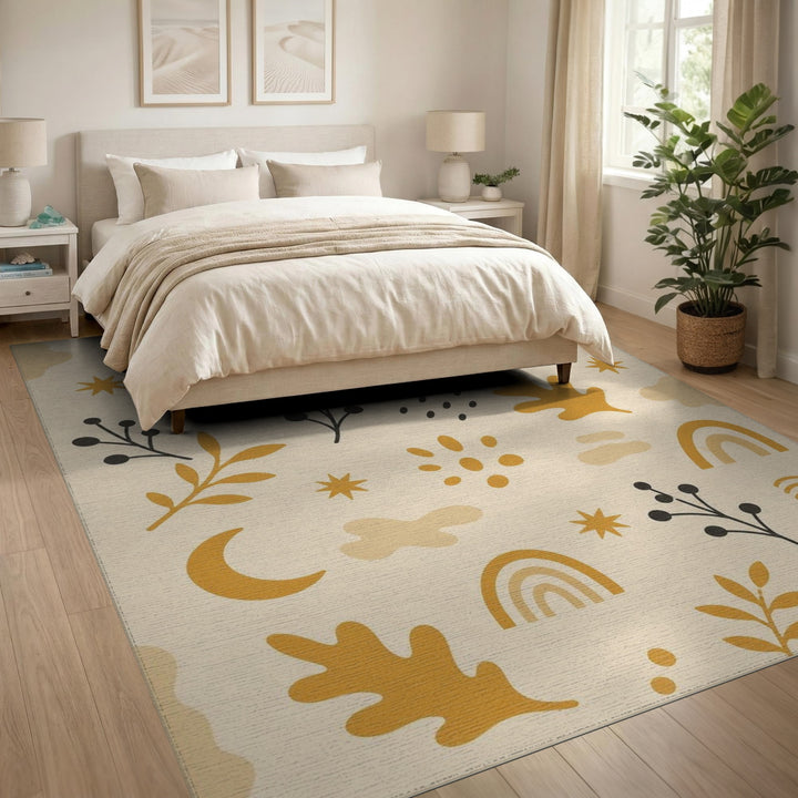 Beige Boho Chic Washable Area Rug with Sun Moon Leaves