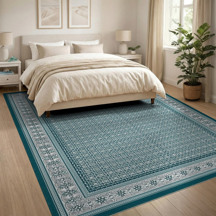Teal Persian Area Rug with Ornate Border