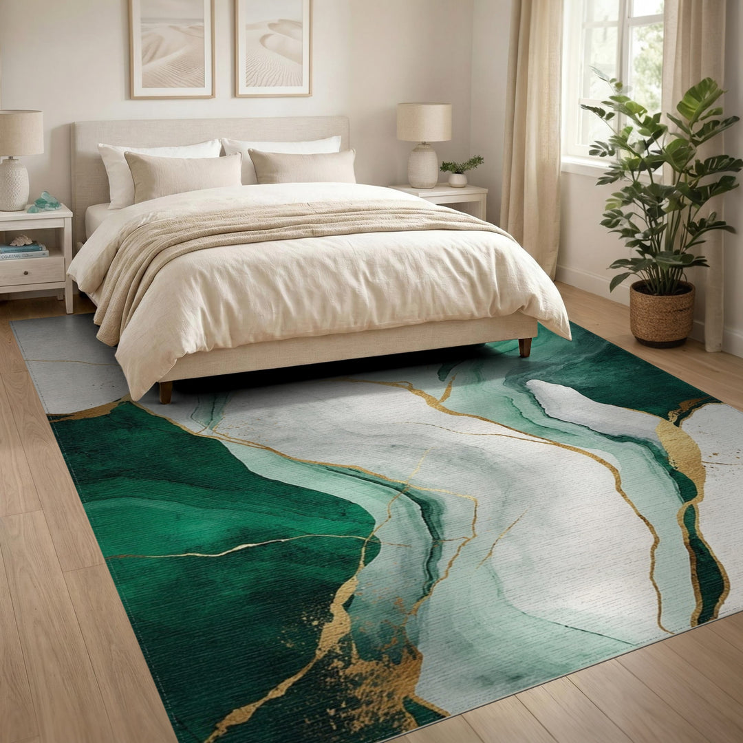 Green Abstract Gold Vein Area Rug