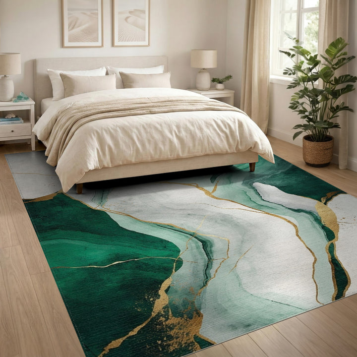 Green Abstract Gold Vein Area Rug